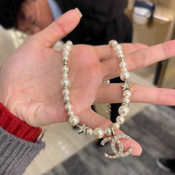 Auth CHANEL Pearl Star CC Logo Necklace - Picture 1 of 5